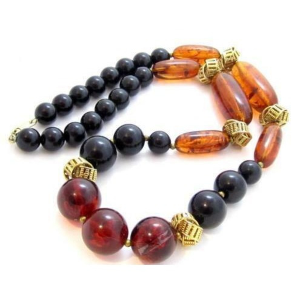 Vintage Signed Dauplaise Patented Faux Amber‎ Gold Plated Black Bead Necklace